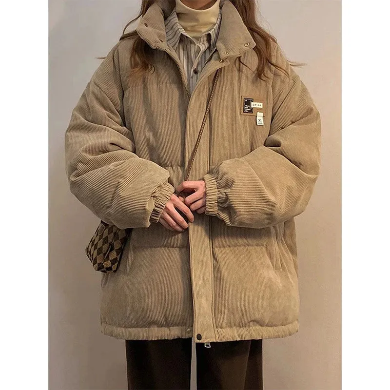 Corduroy Parkas Women Oversized Down Coats Winter Streetwear Thick Warm Puffer Jacket Korean Pockets Cotton Padded Outerwear New