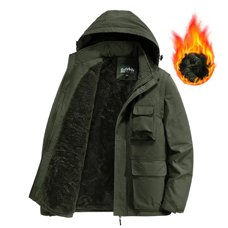 Cotton Fleece Jacket Warm Solid Color Coats Male Fashion Casual Multi-pockets Lapel Outerwear Parkas JacketMen Winter Thick