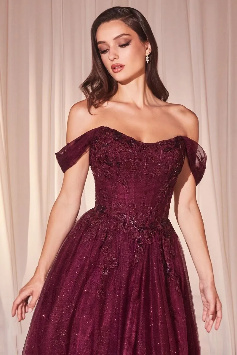 DAVIE Off Shoulder Lace Applique Glitter Ball Gown Dress