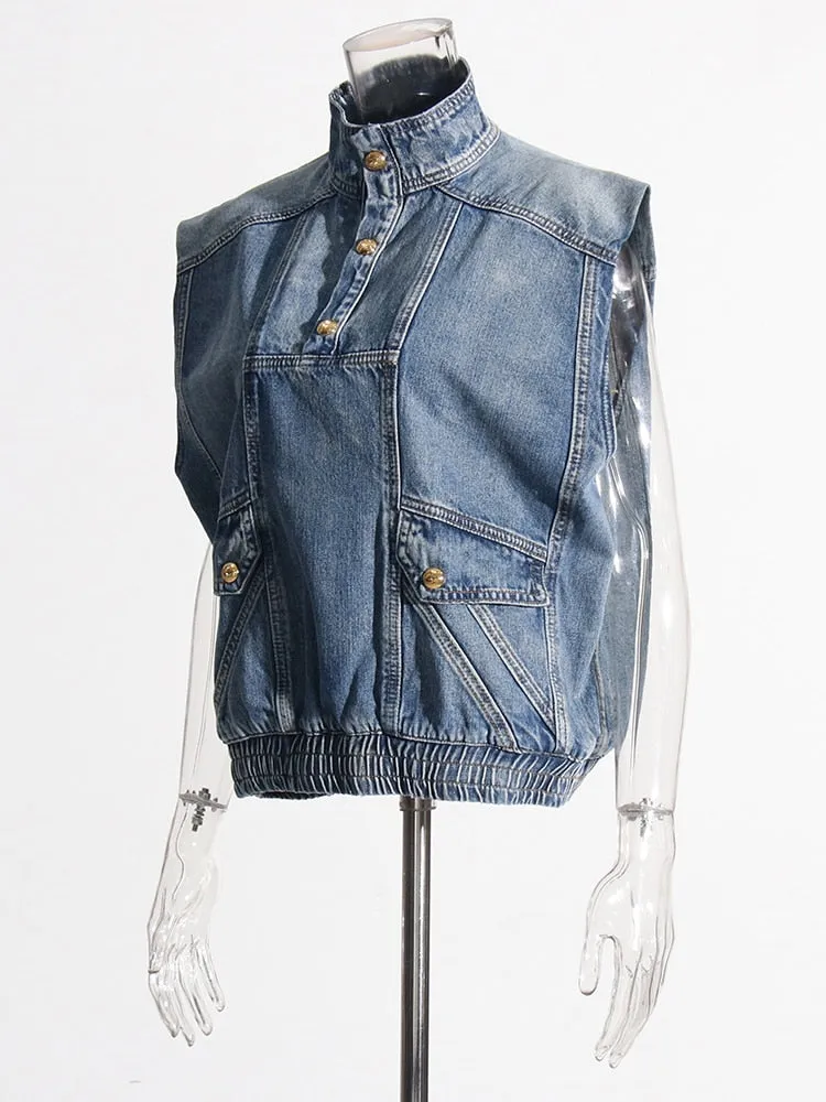 Denim Patchwork Single Breasted Waistcoats For Women Lapel Sleeveless Loose Jacket Female Fashion Clothing