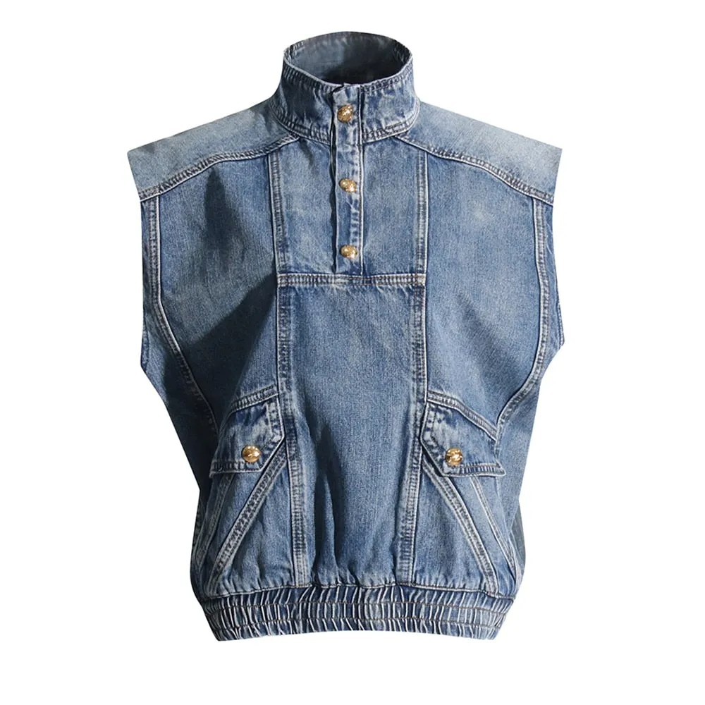 Denim Patchwork Single Breasted Waistcoats For Women Lapel Sleeveless Loose Jacket Female Fashion Clothing