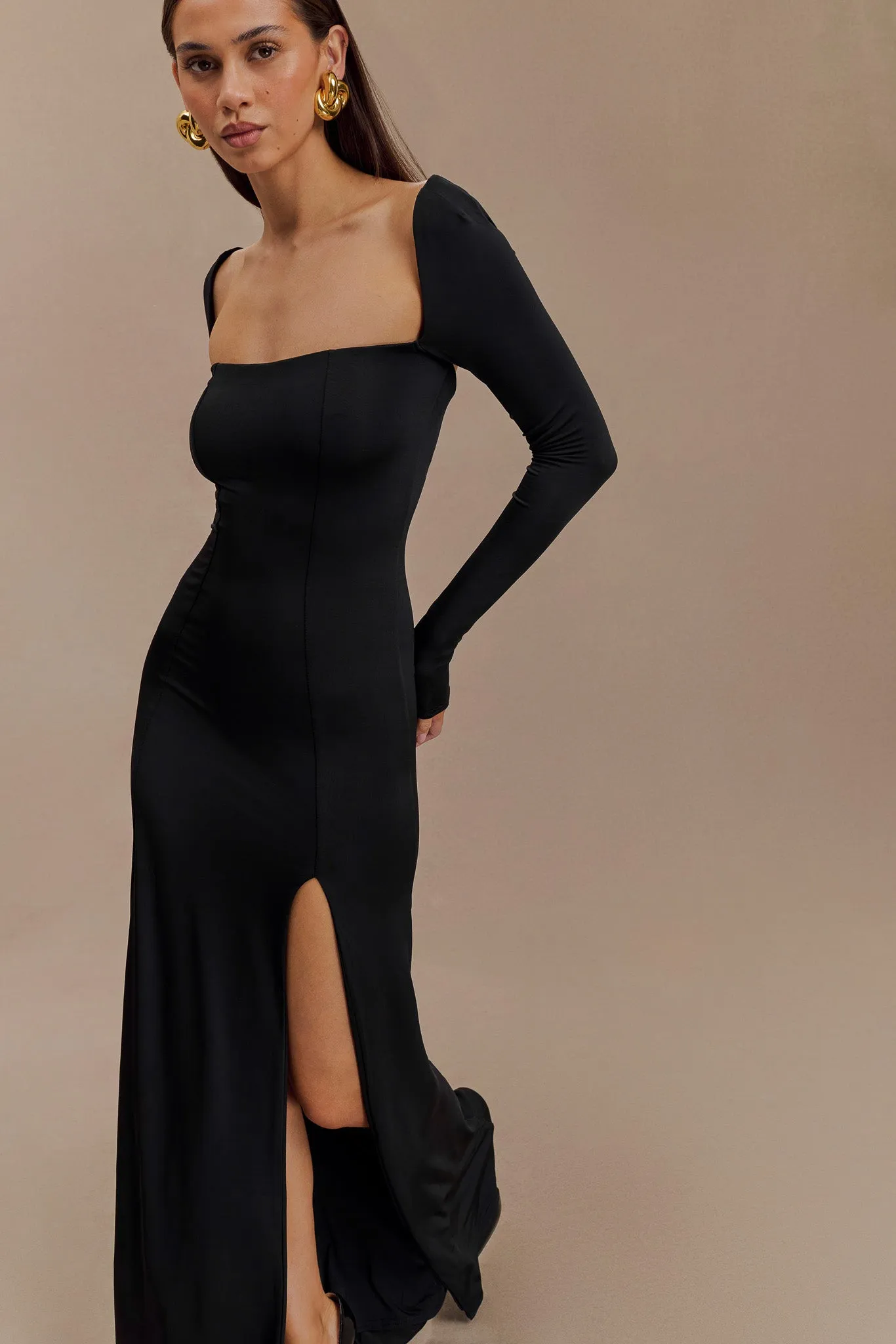 Desirie Slinky Long Sleeve Maxi Dress With Split - Black