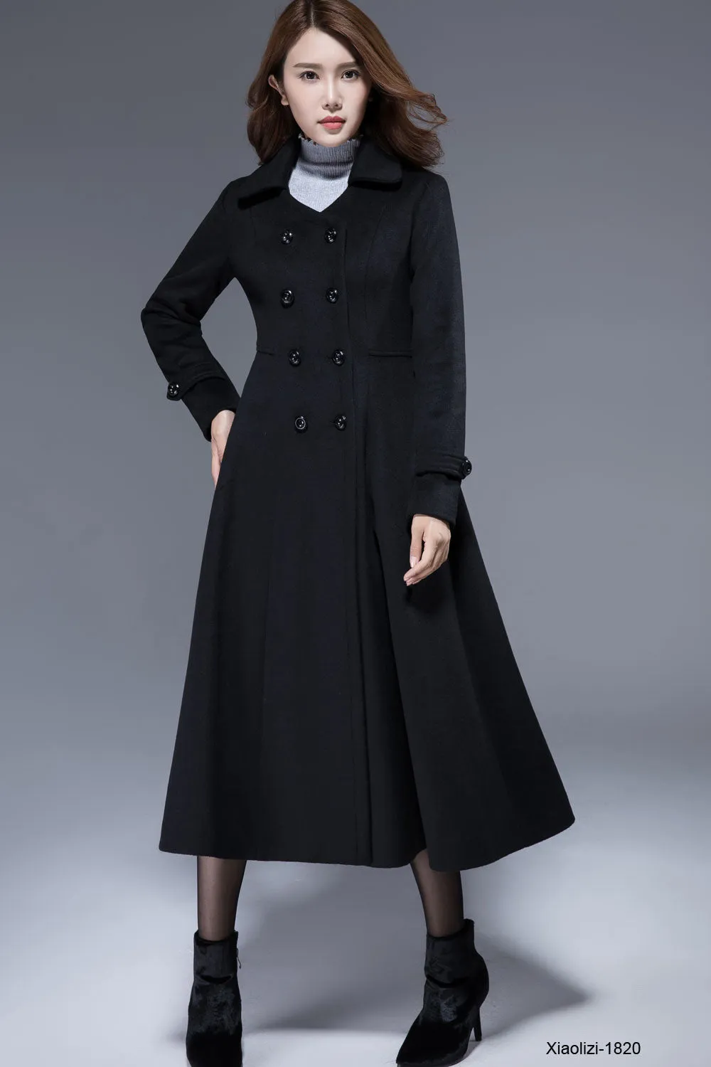 double breasted maxi black dress coat 1820#