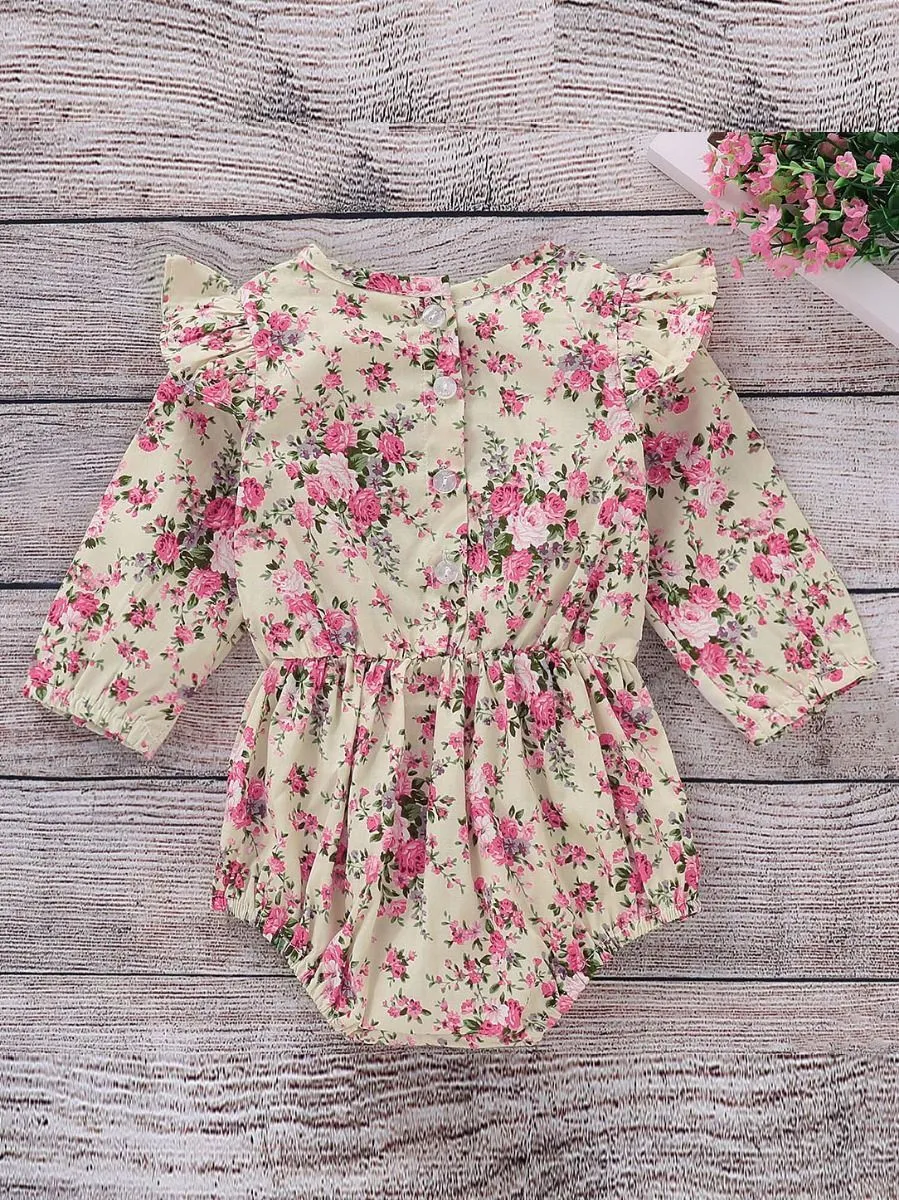 Fall Ruffle Shoulder Floral Pattern Bodysuit Baby Girl Onesie