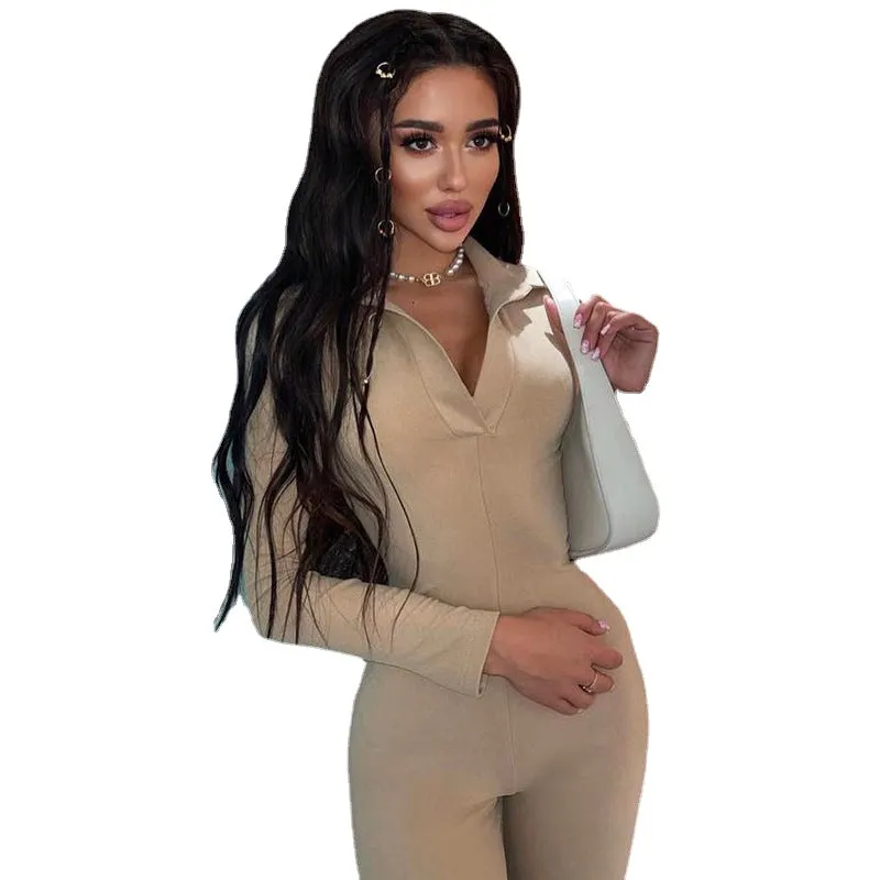 Fashion Polo Collar Slimming Long Sleeves Lapel Sleeve Slim One-Piece Pants