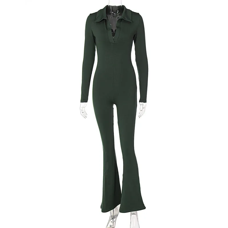 Fashion Polo Collar Slimming Long Sleeves Lapel Sleeve Slim One-Piece Pants