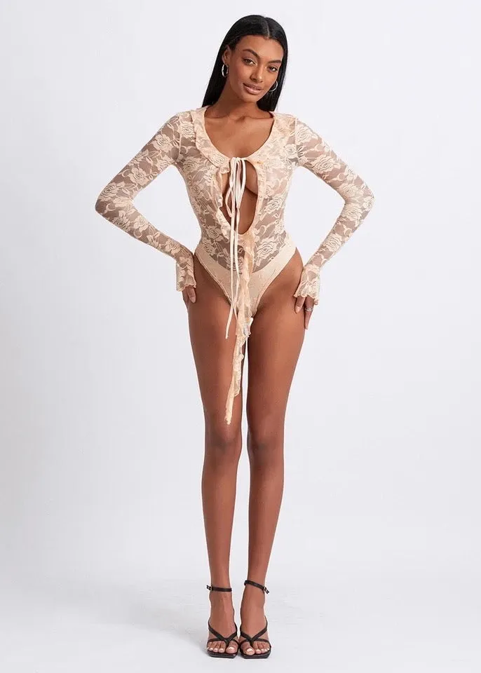 Front-Tied Ruffle Trim Long Sleeved Lace Bodysuit