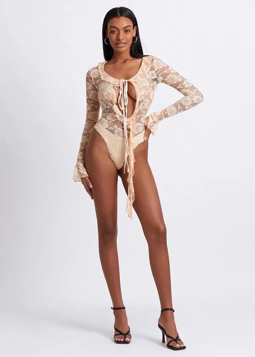 Front-Tied Ruffle Trim Long Sleeved Lace Bodysuit