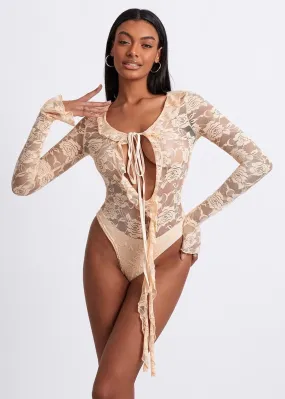 Front-Tied Ruffle Trim Long Sleeved Lace Bodysuit