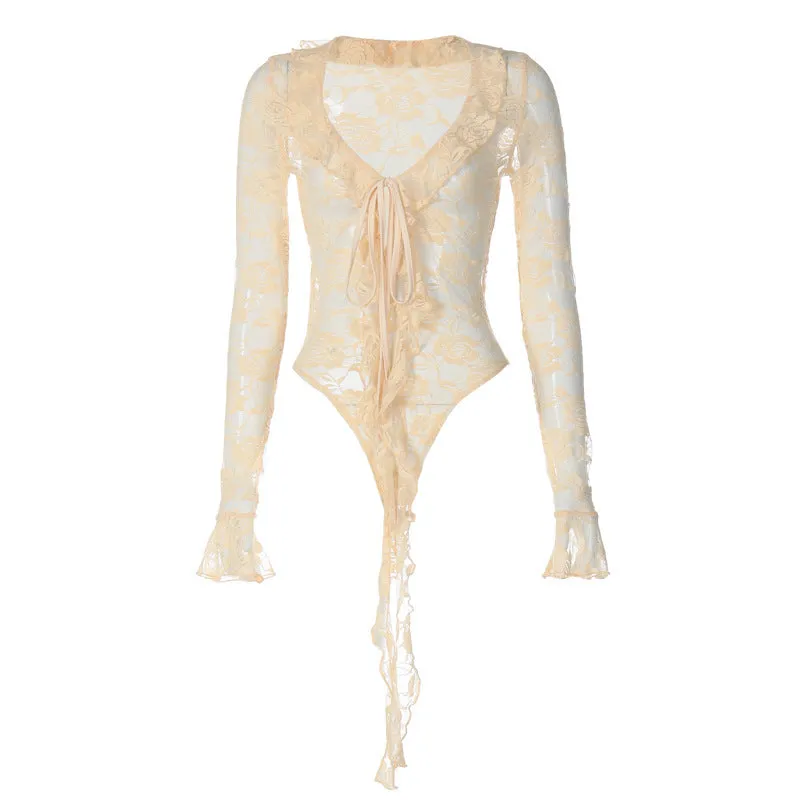 Front-Tied Ruffle Trim Long Sleeved Lace Bodysuit