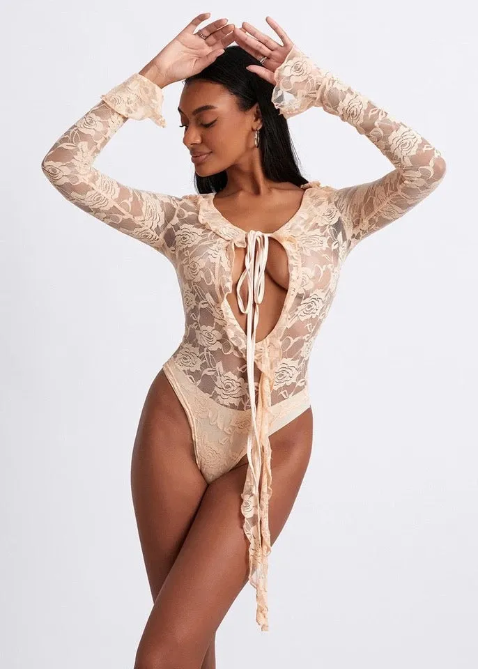 Front-Tied Ruffle Trim Long Sleeved Lace Bodysuit