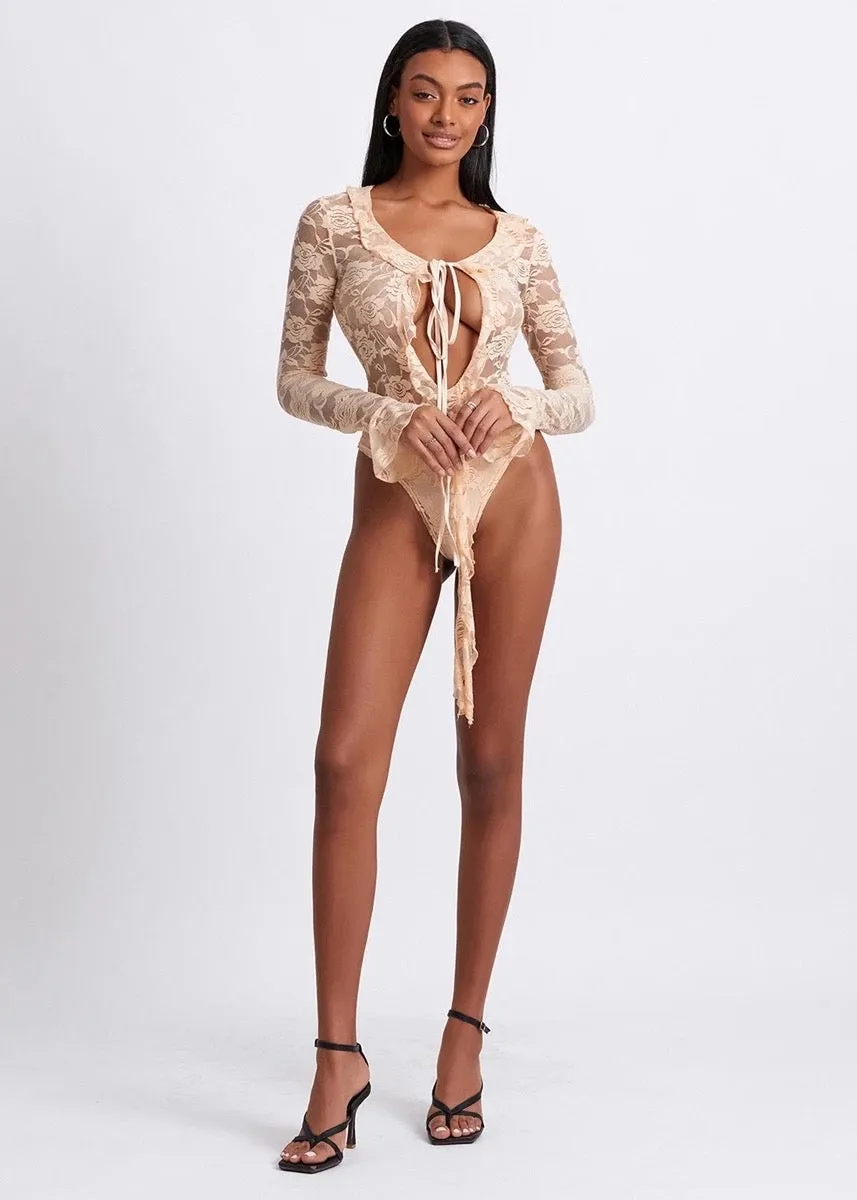 Front-Tied Ruffle Trim Long Sleeved Lace Bodysuit