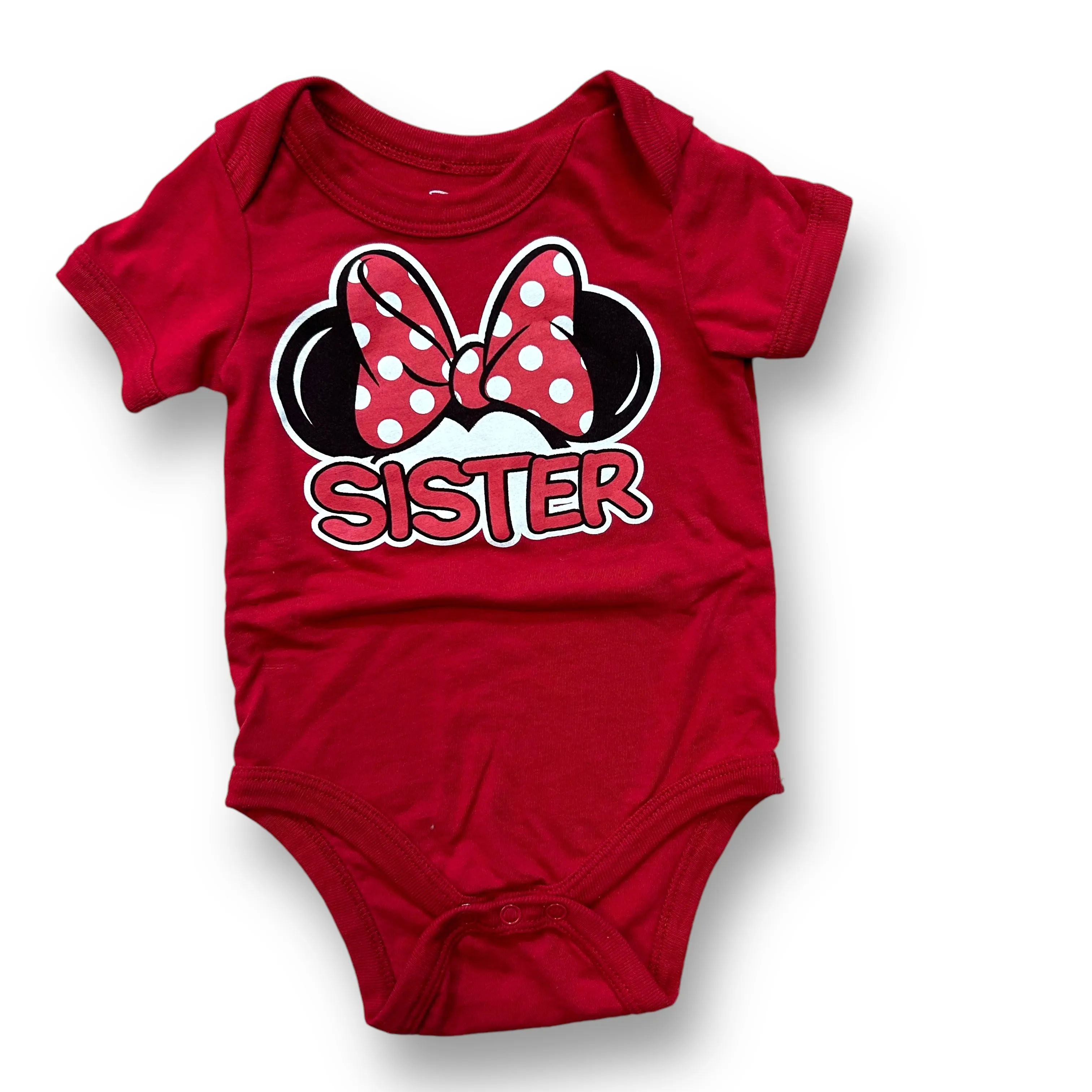 Girls Disney Size 12 Months Red Sister Minnie Mouse Snap Bottom Bodysuit