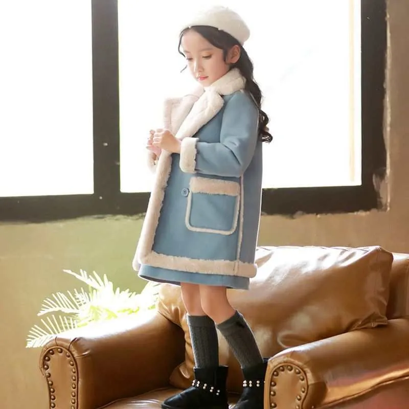 Girls Double Breast Cotton Trim Coat