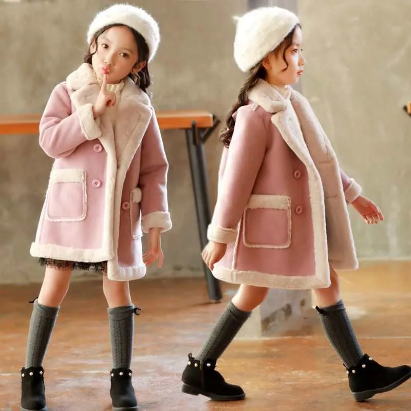 Girls Double Breast Cotton Trim Coat