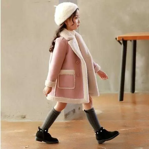 Girls Double Breast Cotton Trim Coat