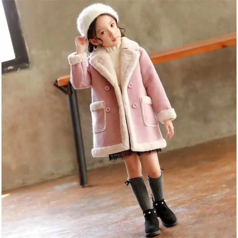 Girls Double Breast Cotton Trim Coat