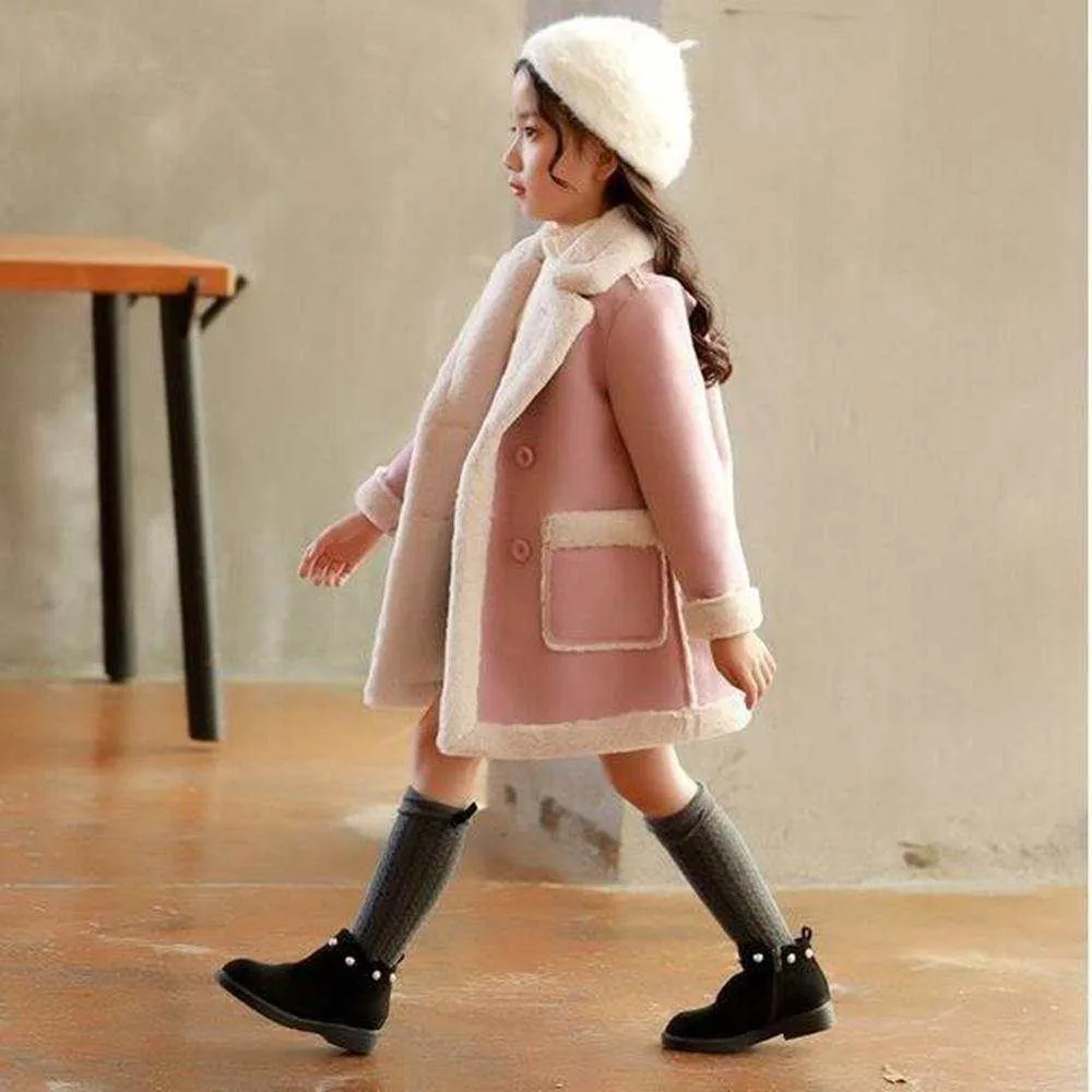 Girls Double Breast Cotton Trim Coat