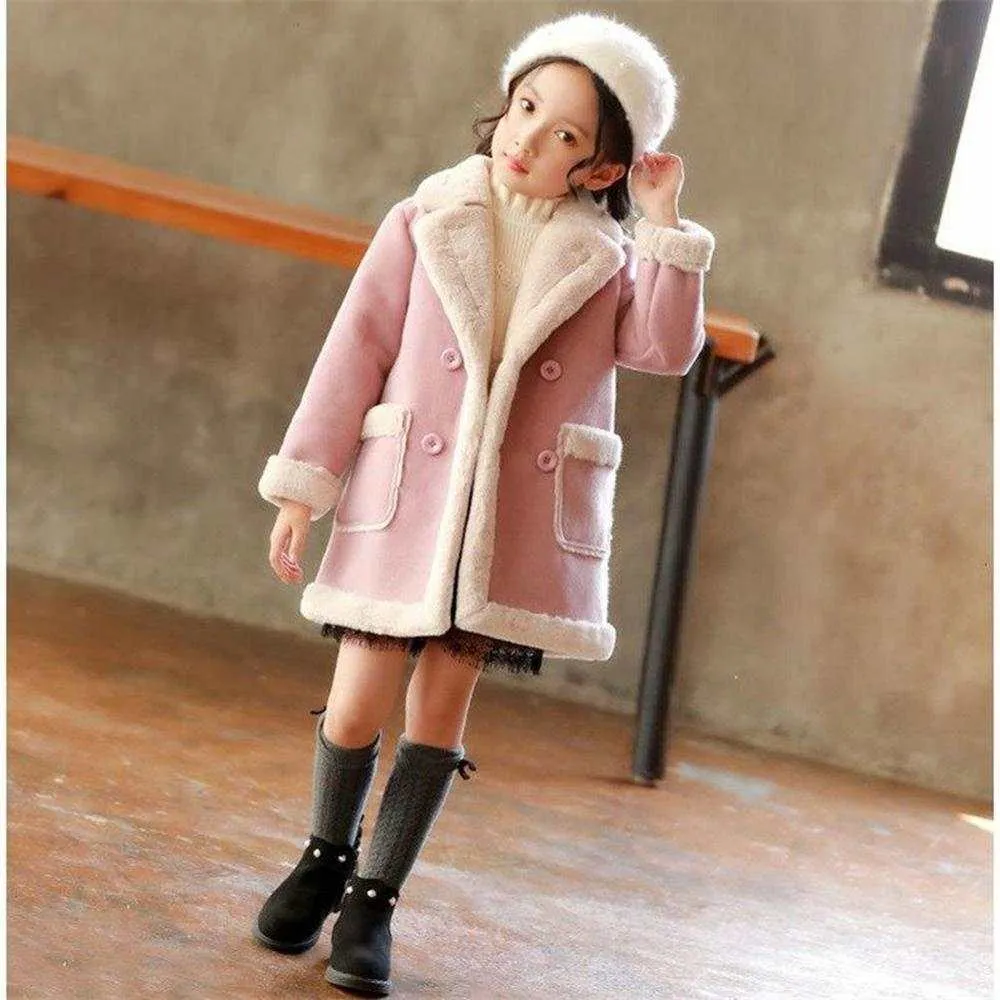 Girls Double Breast Cotton Trim Coat