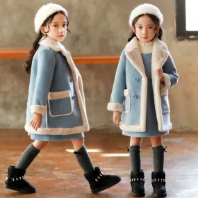 Girls Double Breast Cotton Trim Coat