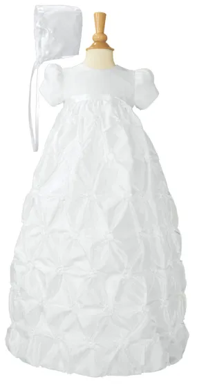 Girls White Polyester Taffeta Christening Baptism Gown with Rosettes and a Bonnet