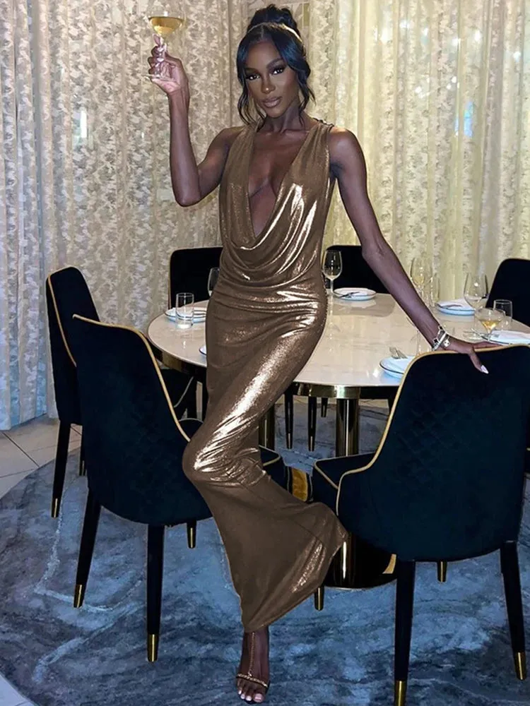 Gold Bodycon Plunge Gown for Events Full Maxi Dress