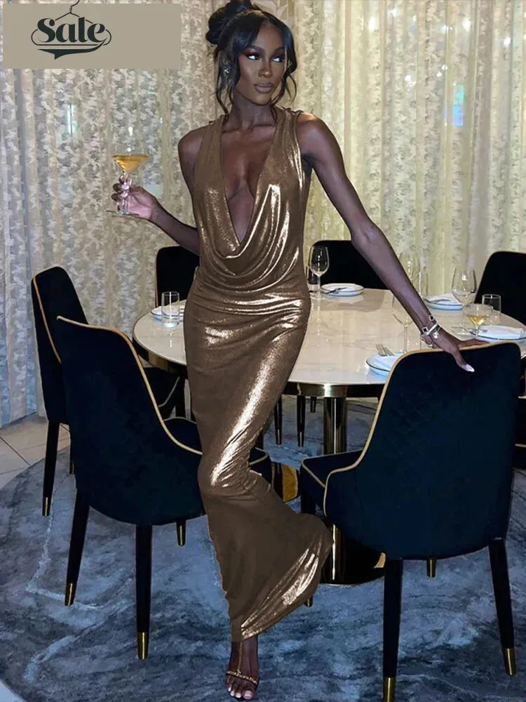 Gold Bodycon Plunge Gown for Events Full Maxi Dress