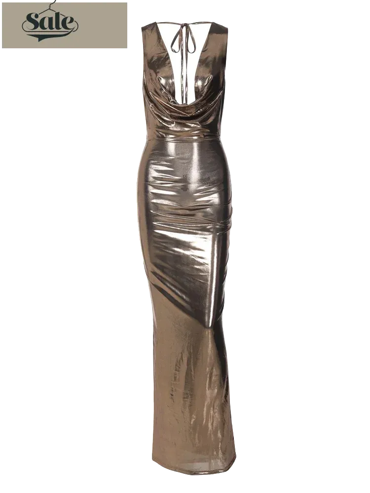 Gold Bodycon Plunge Gown for Events Full Maxi Dress