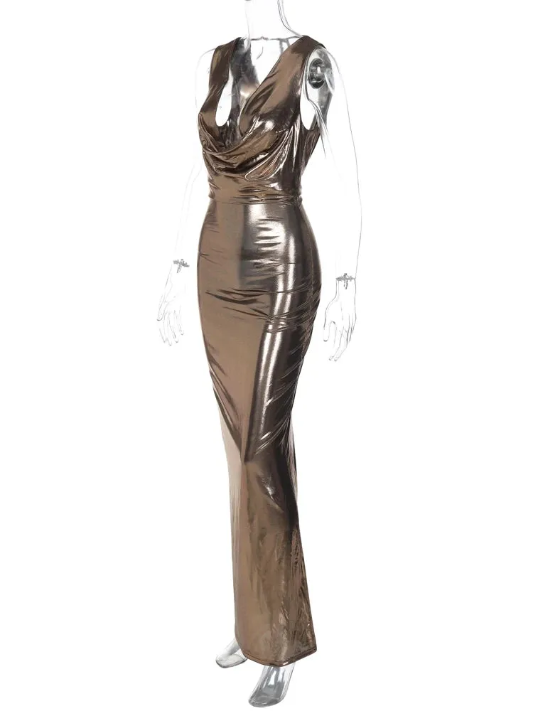 Gold Bodycon Plunge Gown for Events Full Maxi Dress