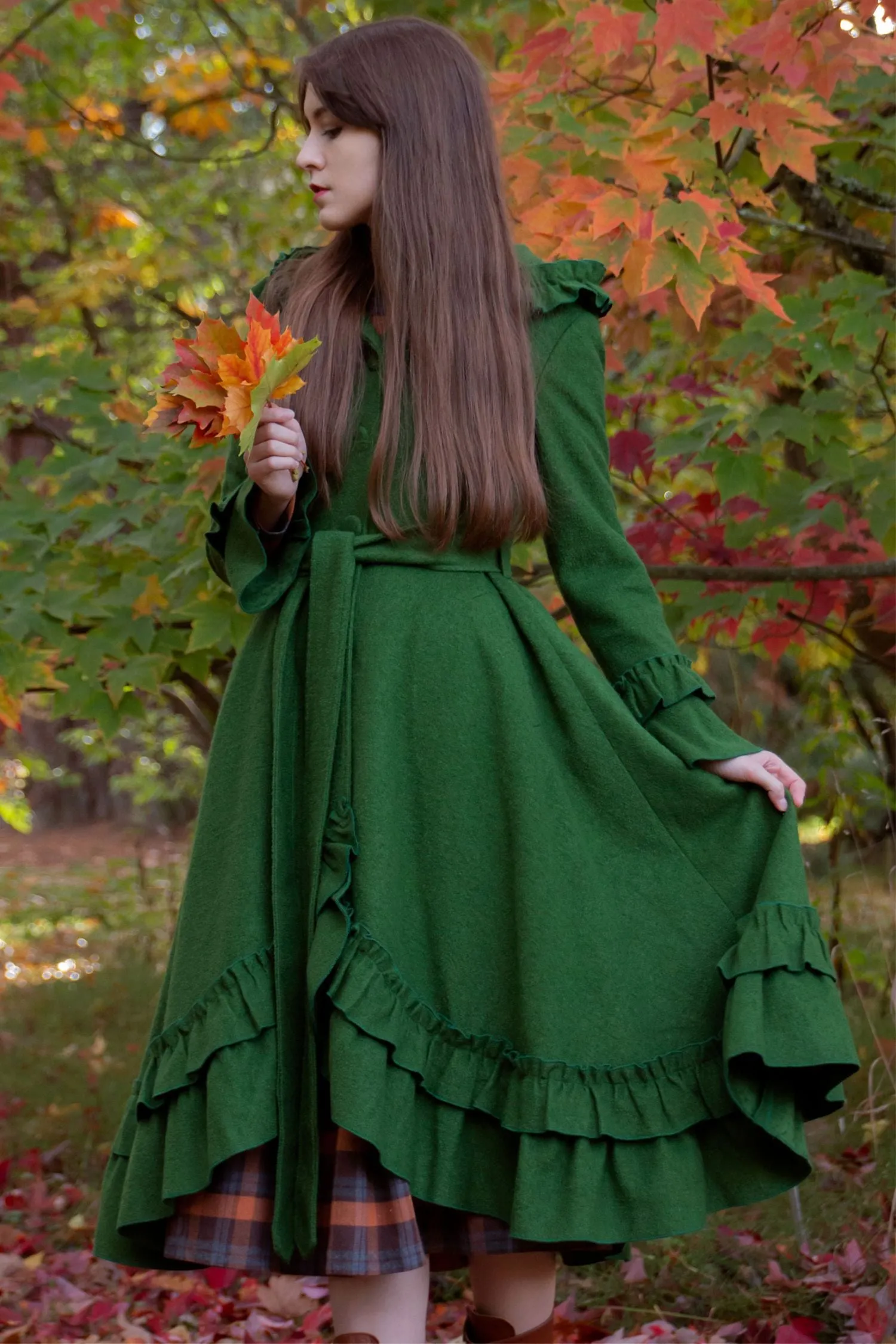 Green Hooded Swing Wool Coat 4046