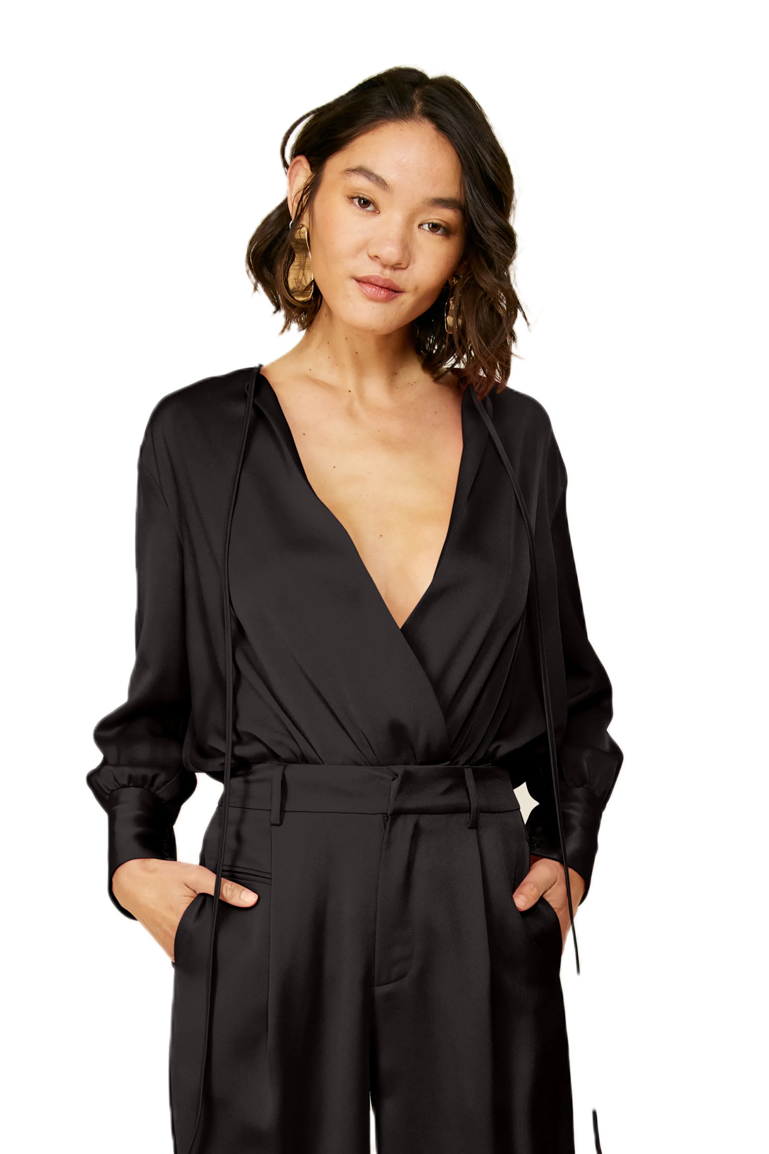 line & dot: Miki Bodysuit with Plunging Neckline and Front Ties