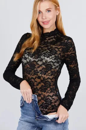 Long Sleeve Scallop Mock Neck Lace Bodysuit