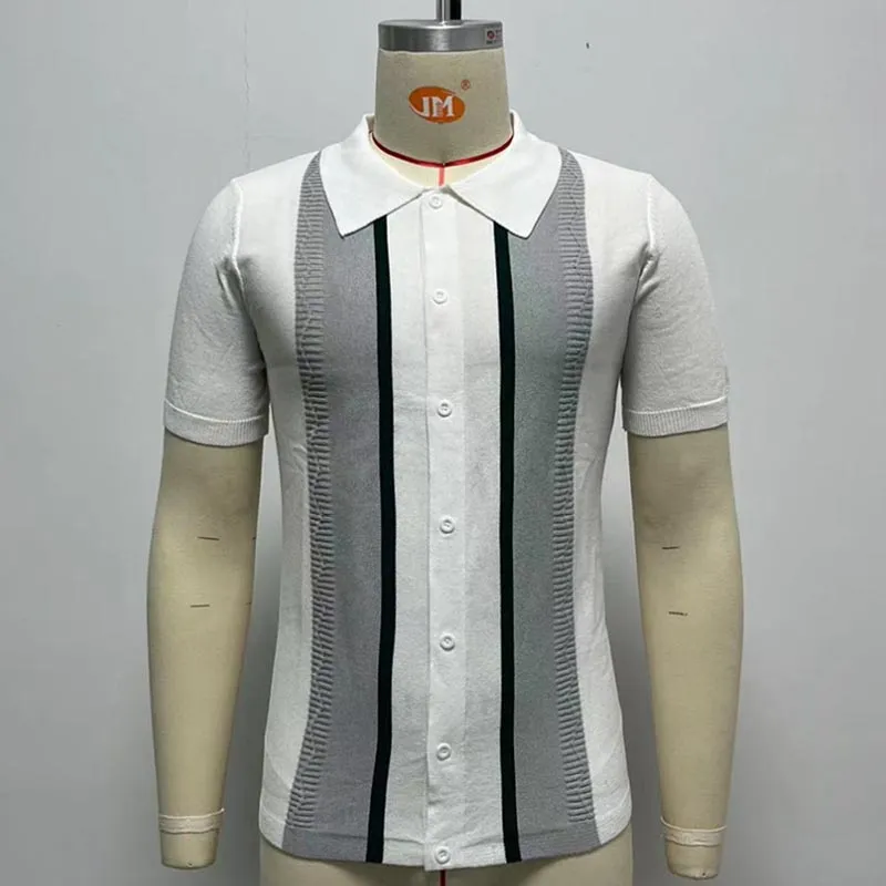 Men Business Casual Summer Lapels Pullovers Striped Polo Knit Tops