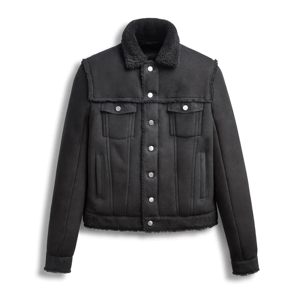 Mens Black Suede Shearling Leather Bomber Jacket