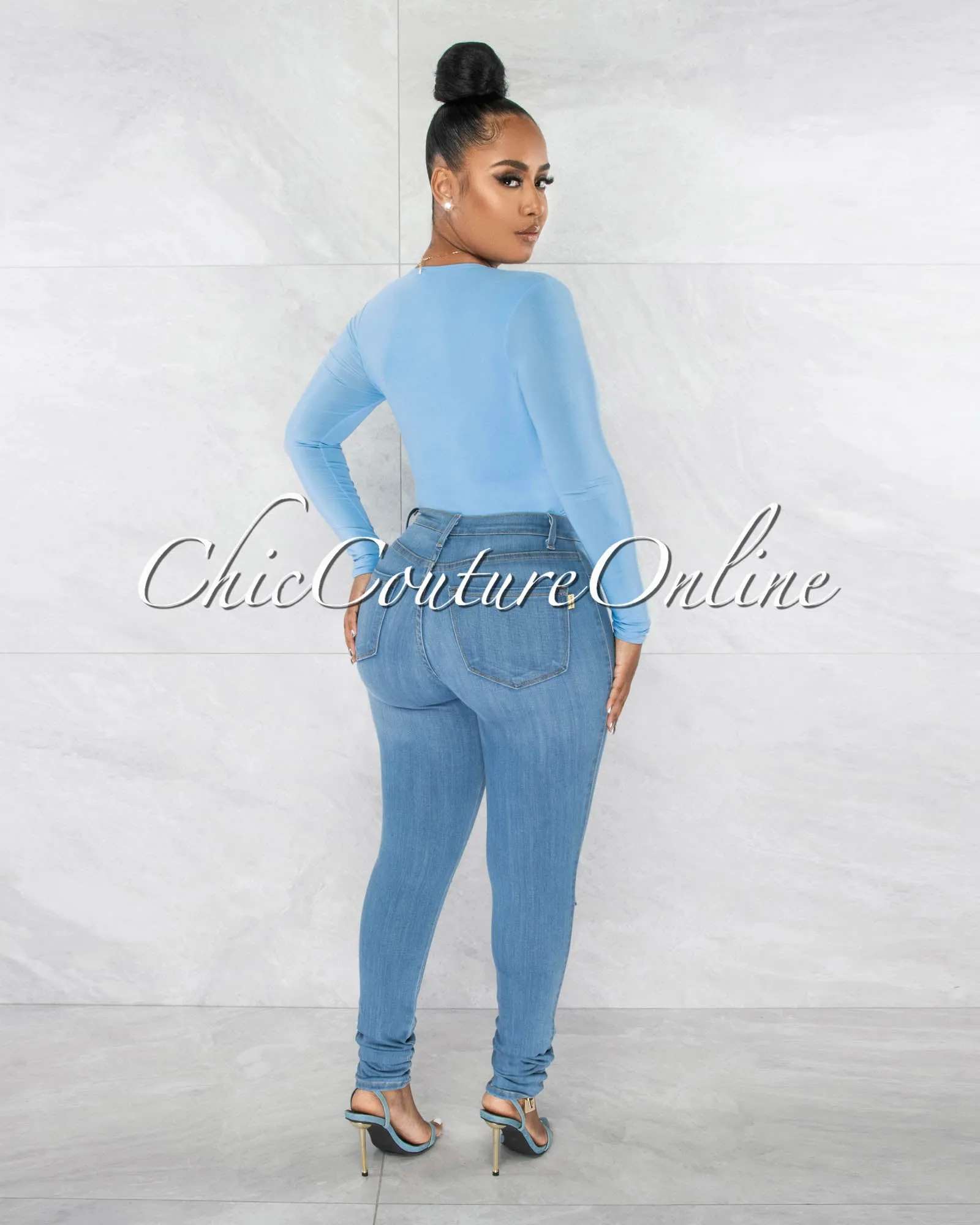 Nilam Baby Blue Deep V Neck Long Sleeves Bodysuit