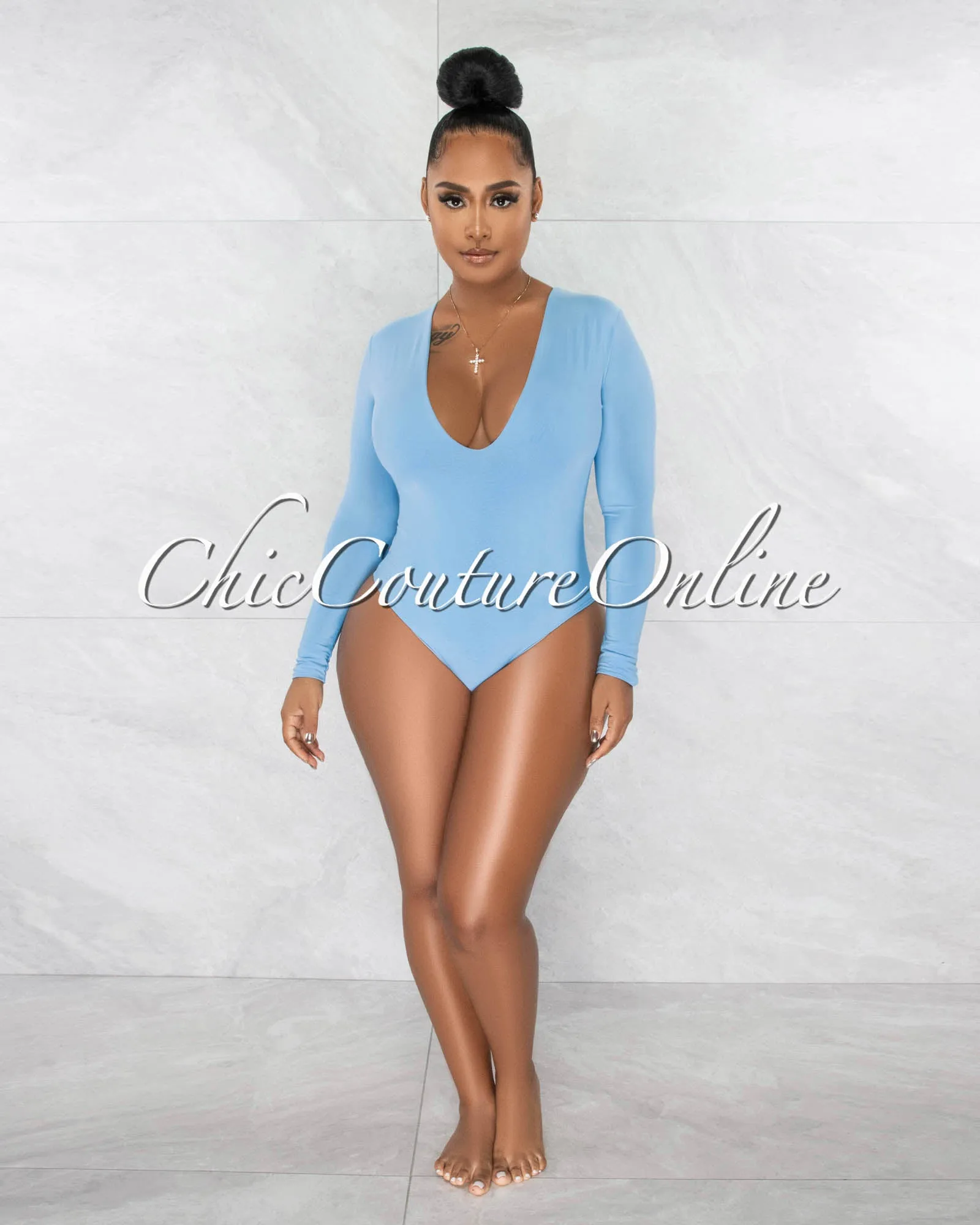 Nilam Baby Blue Deep V Neck Long Sleeves Bodysuit