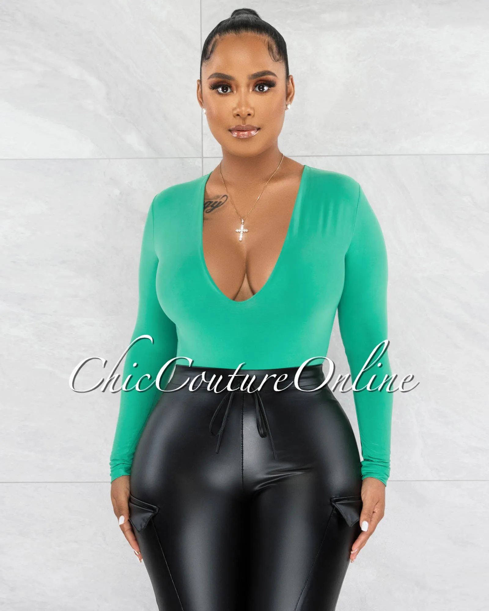 Nilam Green Deep V Neck Long Sleeves Bodysuit