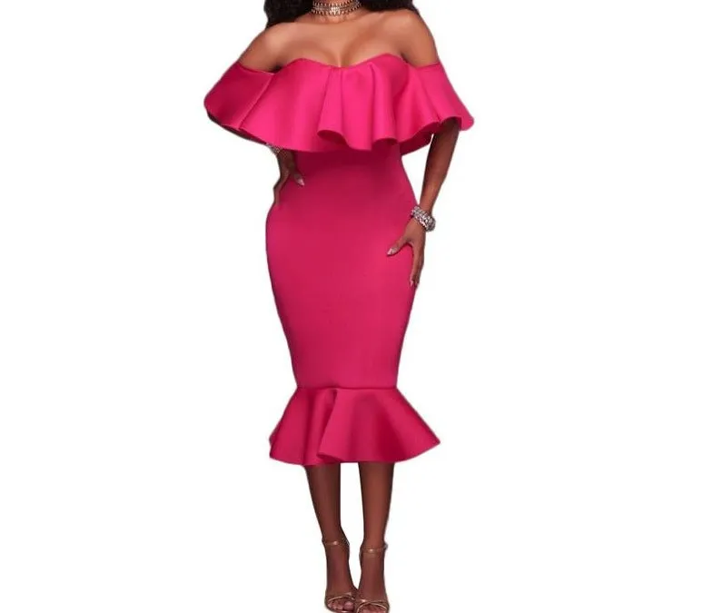 Off Shoulder Ruffle Midi Dress  at bling brides bouquet online bridal store