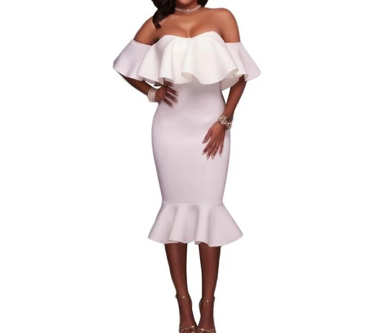 Off Shoulder Ruffle Midi Dress  at bling brides bouquet online bridal store