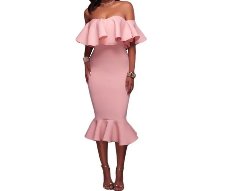 Off Shoulder Ruffle Midi Dress  at bling brides bouquet online bridal store