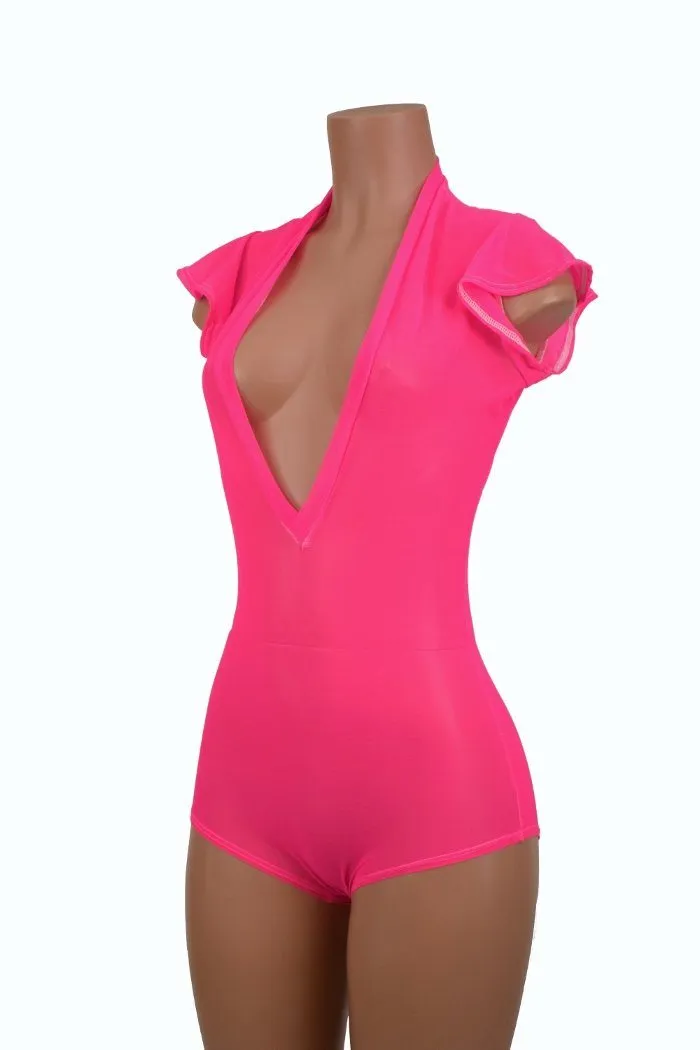 Pink Mesh Plunging V Neck Romper