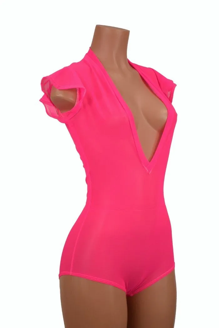 Pink Mesh Plunging V Neck Romper