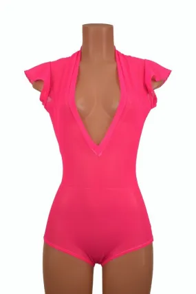 Pink Mesh Plunging V Neck Romper