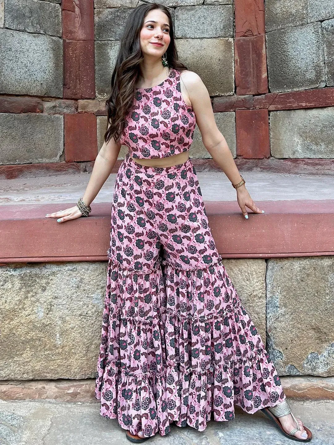 Pink Printed Georgette Top With Sharara