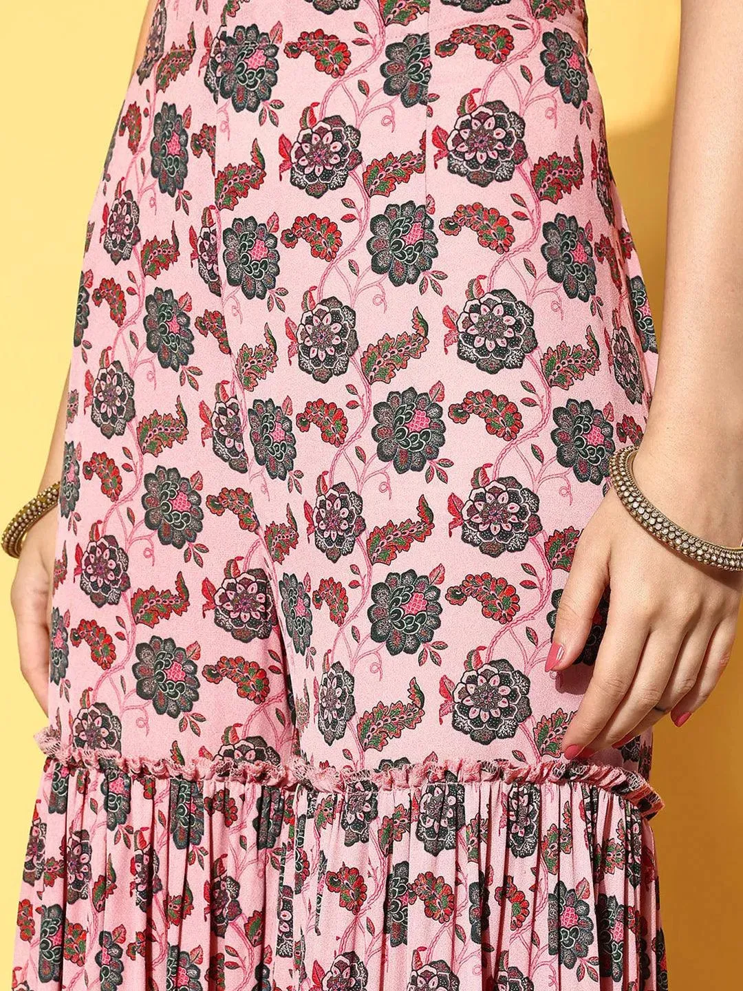 Pink Printed Georgette Top With Sharara