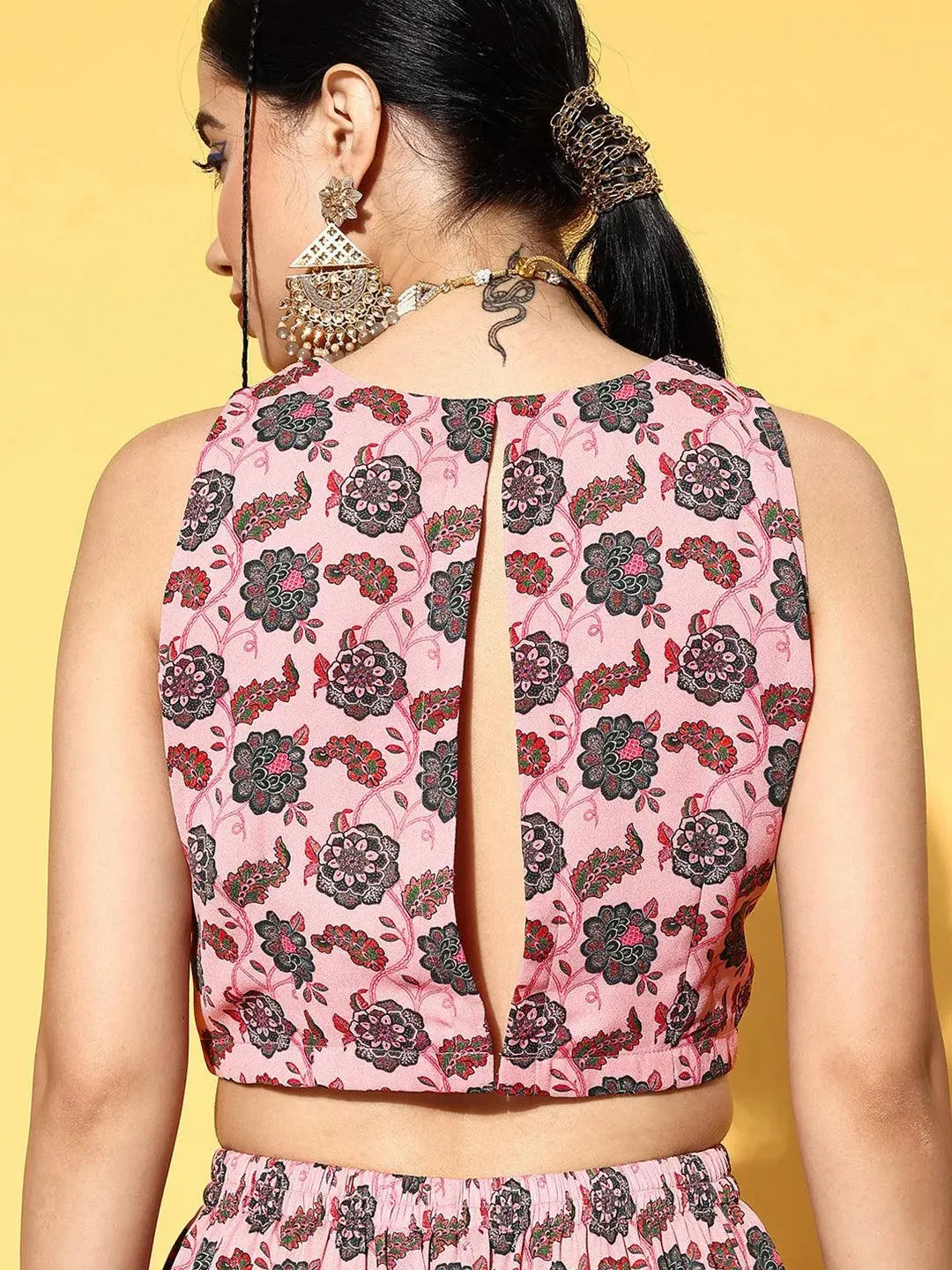 Pink Printed Georgette Top With Sharara