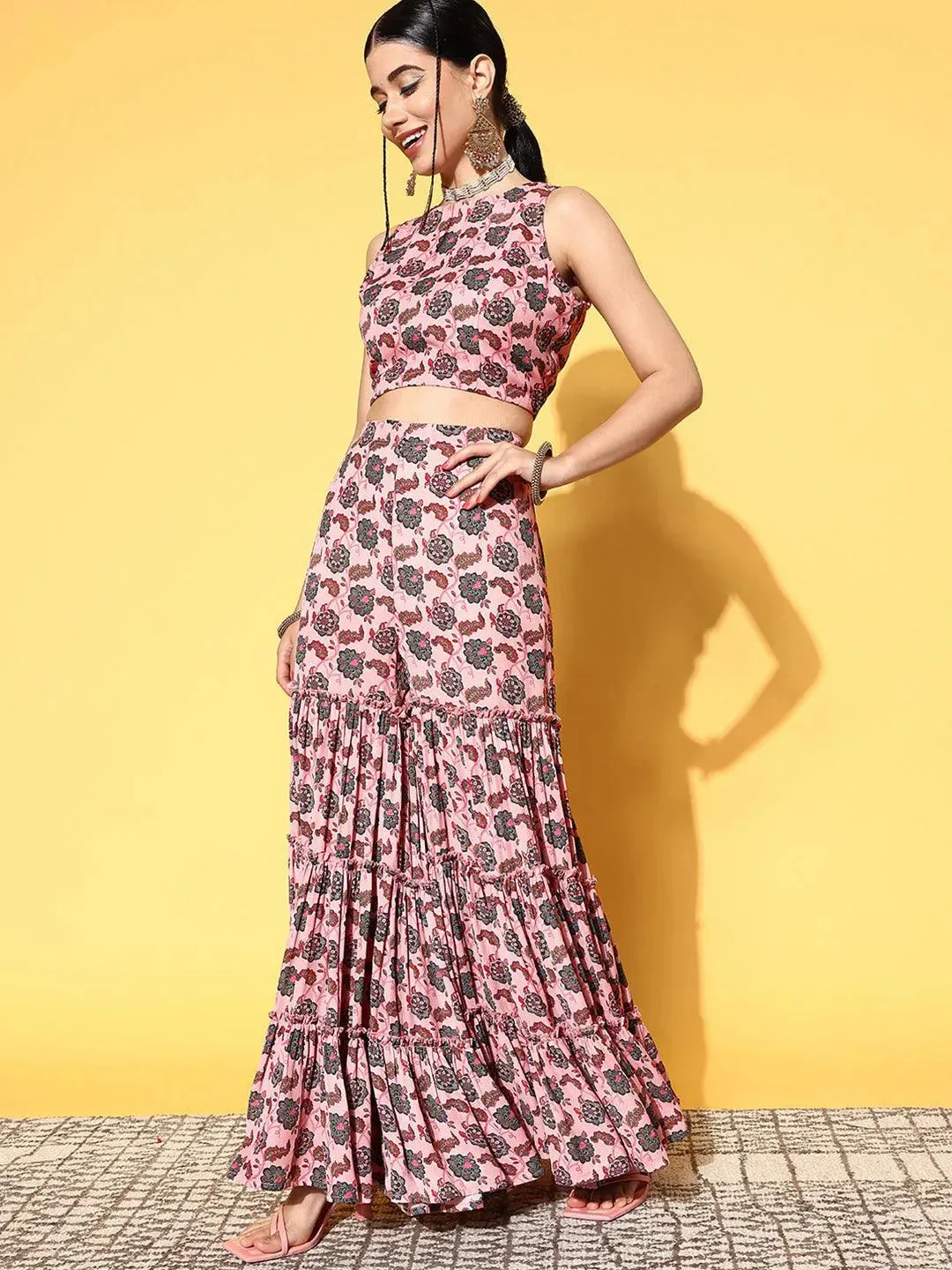 Pink Printed Georgette Top With Sharara