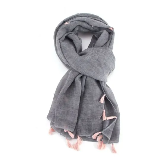 Plain Tassel Scarf | Grey x Pink