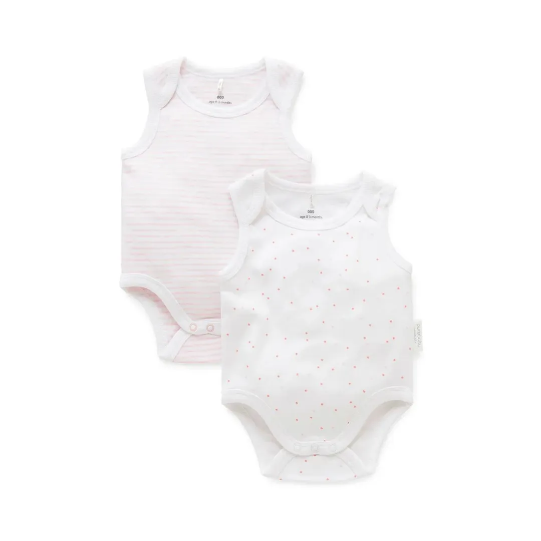 Purebaby 2 Pack Organic Singlet Bodysuit - Pale Pink Pack (Stripe / Polka Dot)