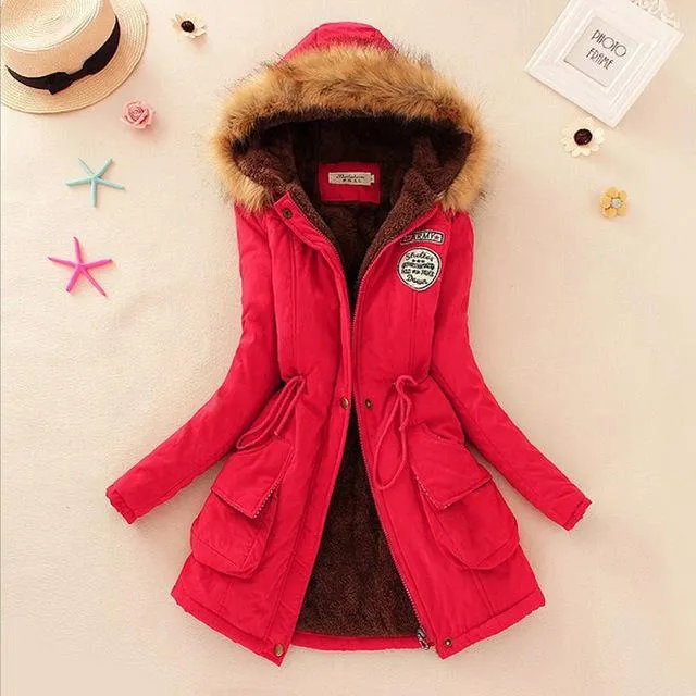 QIUXUAN Women Parka Fashion Autumn Winter Warm Jackets Women Fur Collar Coats Long Parkas Hoodies Office Lady Cotton Plus Size